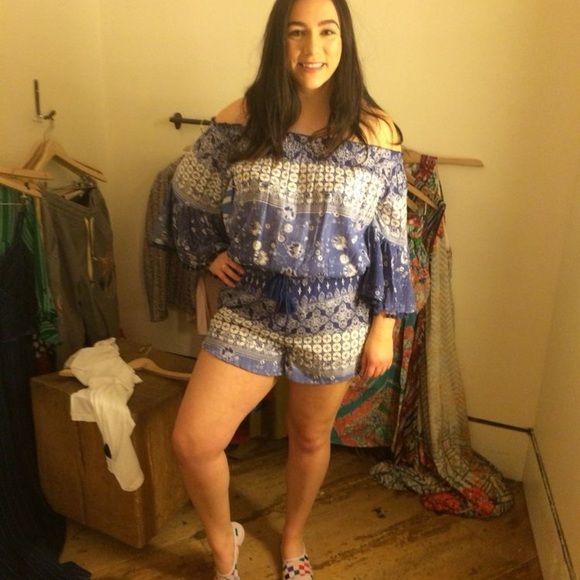 Anthropologie Raga Blue and White Off-Shoulder Romper L - Picture 6 of 7
